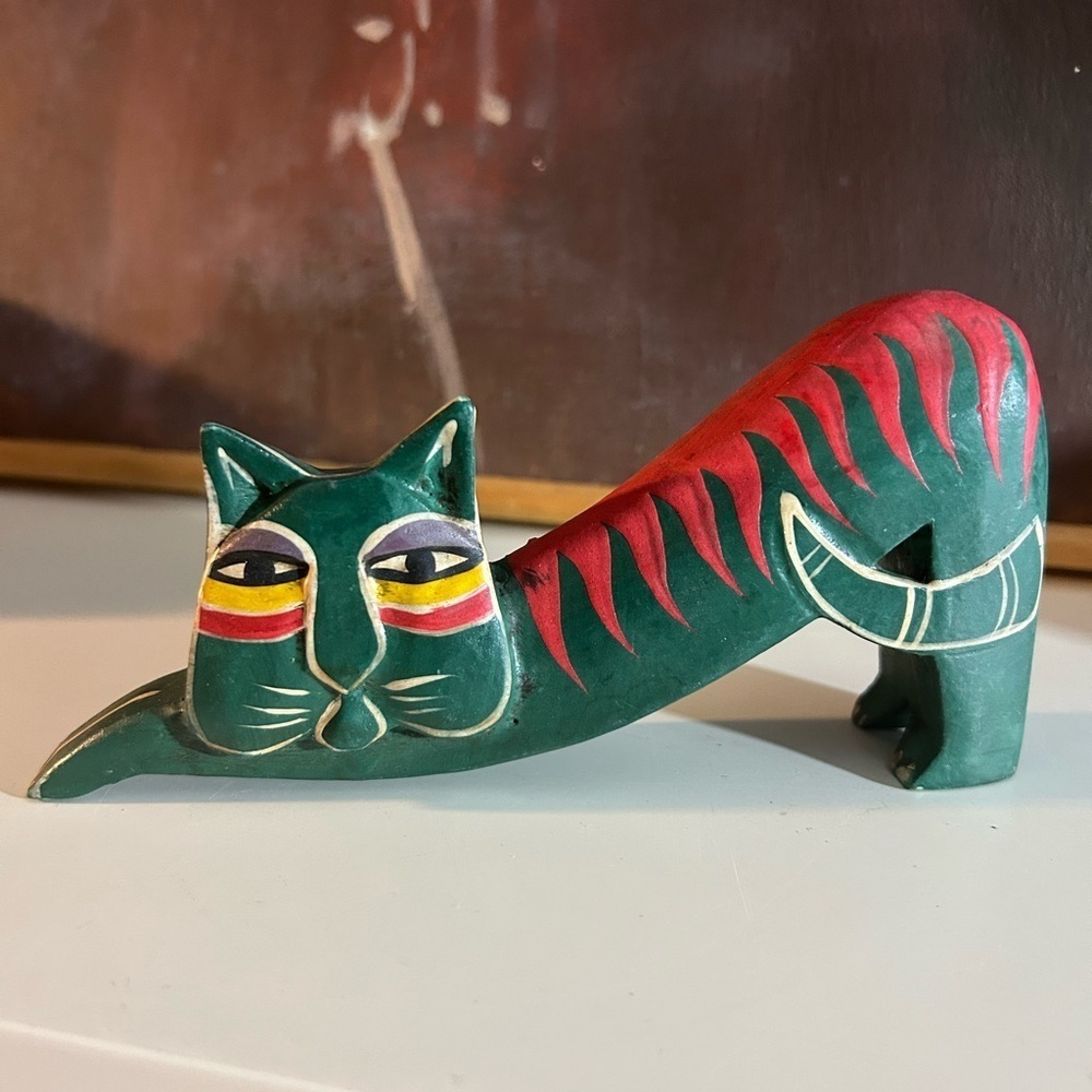 Handcrafted 6" Green and Red Cat Figurine Made in Indonesia
